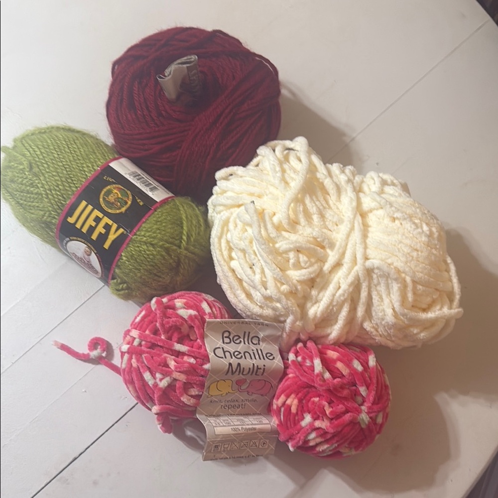 (Sale $5) Yarn Collection - burgundy, Green, White, Pink multi, cream/chenille